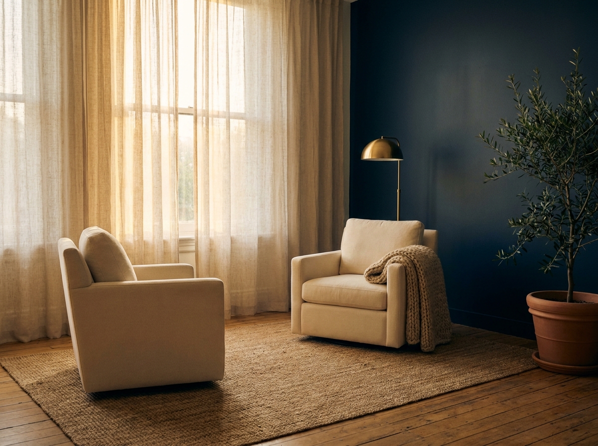 A calm, sunlit therapy room with two armchairs by a tall window