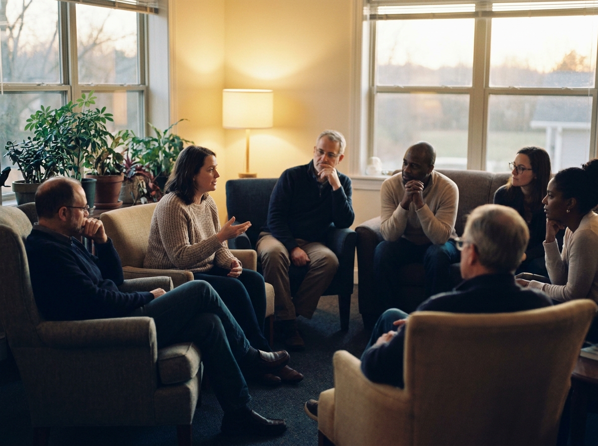 A peer-support circle of adults in a warm community room at golden hour