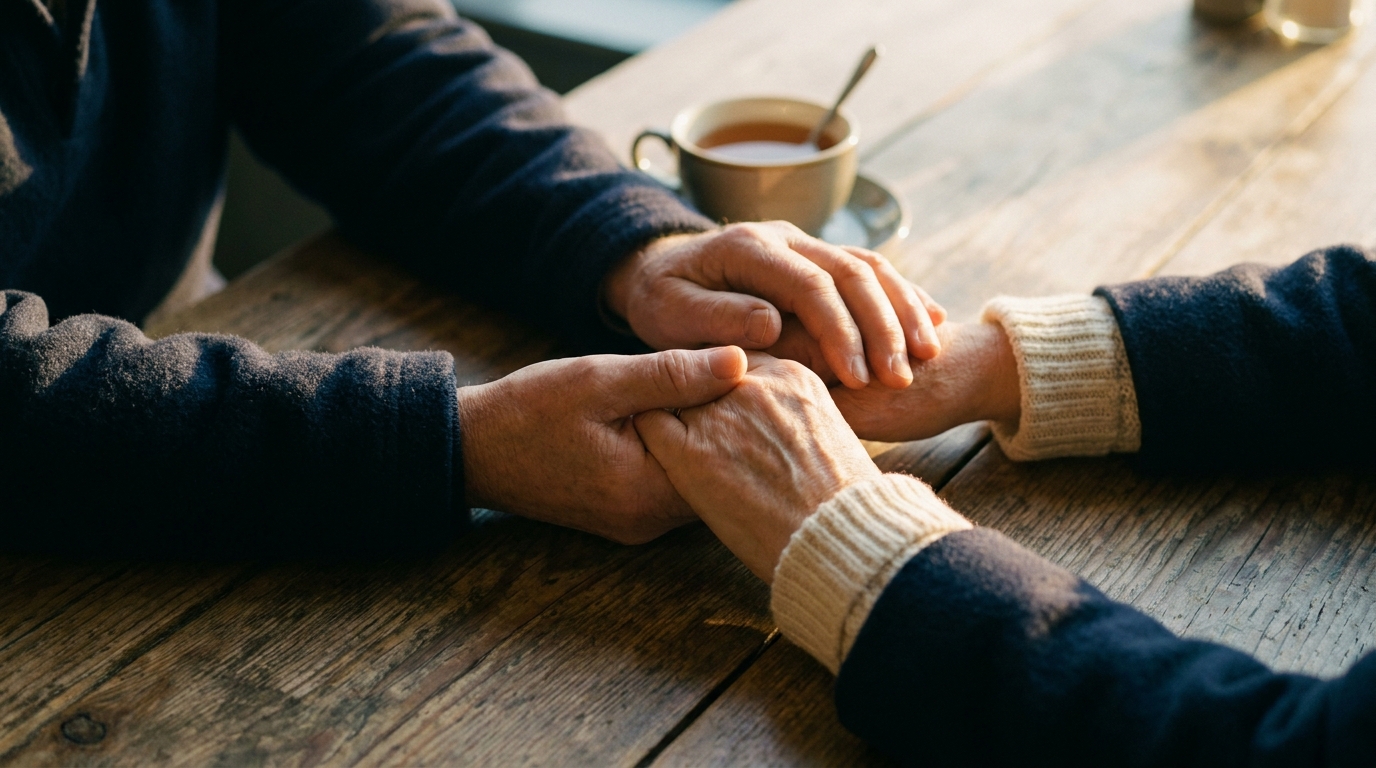 Two pairs of hands clasped in support across a wooden table