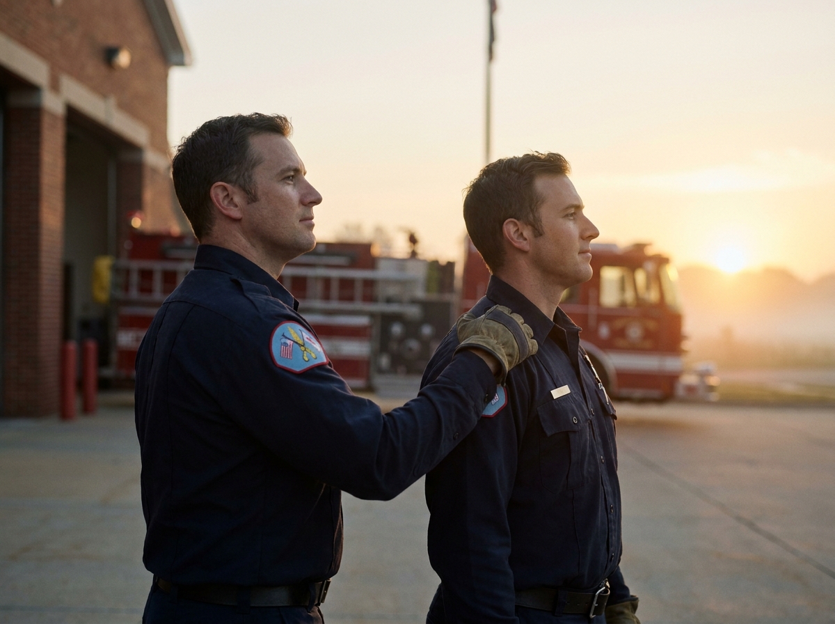 Two firefighters sharing a quiet, supportive moment at dawn outside their station